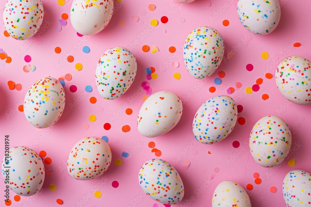 Colourful easter eggs filled with confetti. Food art decoration in Hispanic culture. Tradicional cascarones on pastel, subtle colours.