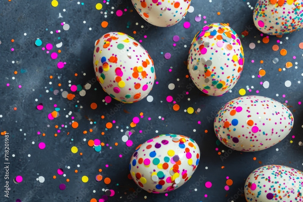Colourful easter eggs filled with confetti. Food art decoration in
