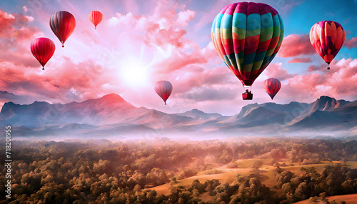 air balloon floating in the autumn sky, air balloons flying over, Flying balloon, air balloon sky landscape flying travel, a group of hot air balloons flying over a canyon