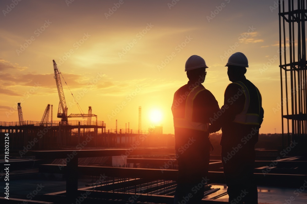 a couple of men standing next to each other on top of a building under a cloudy sky with the sun setting in the back of the building with construction cranes in the background. a couple of men standing next to each other on top of a building under a cloudy sky with the sun setting in the back of the building with construction cranes in the background.