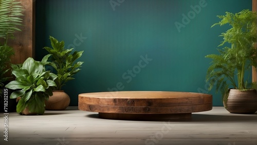 Wooden podium with minimalist green background photo