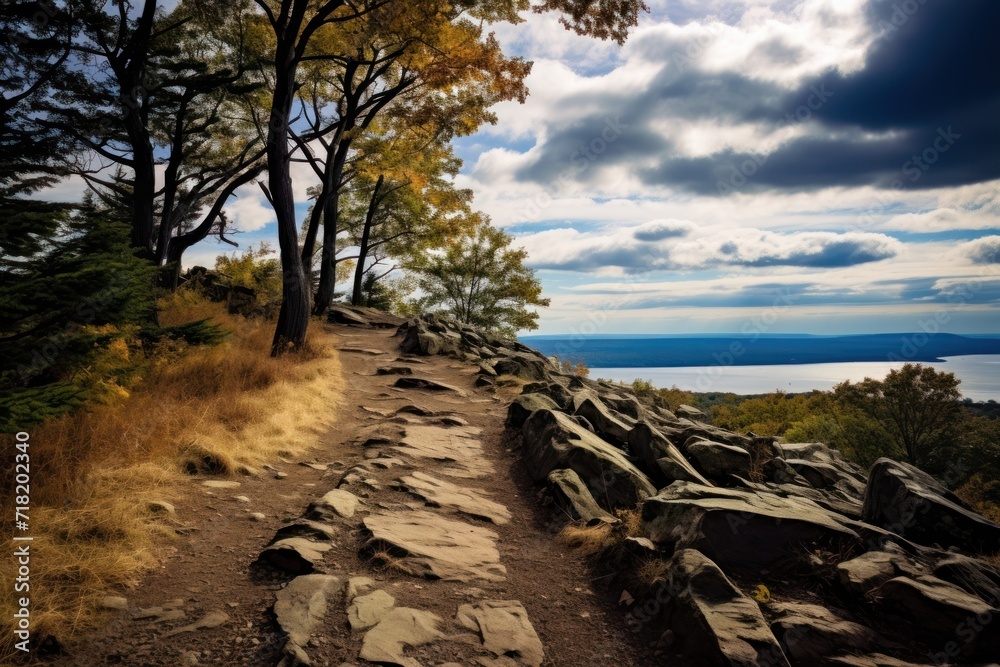  a rocky path with trees on both sides and a body of water in the distance on a cloudy day at the top of a mountain with blue sky and white clouds.