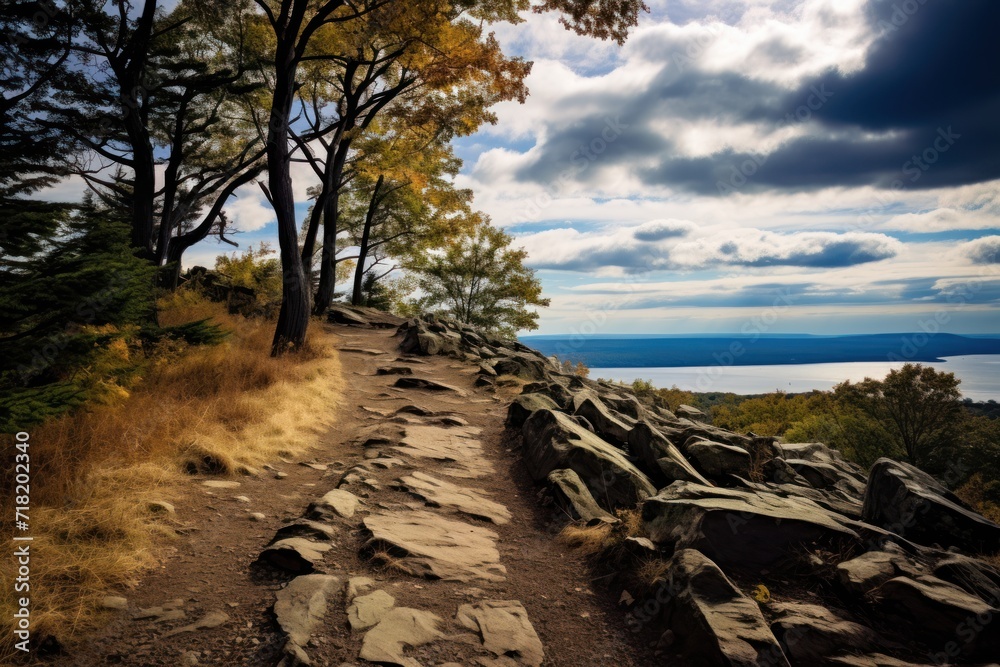a rocky path with trees on both sides and a body of water in the distance on a cloudy day at the top of a mountain with blue sky and white clouds. a rocky path with trees on both sides and a body of water in the distance on a cloudy day at the top of a mountain with blue sky and white clouds.