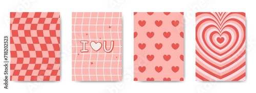 Fototapeta Naklejka Na Ścianę i Meble -  Groovy valentines day backgrounds in 70s style set. Retro love greeting card template collection