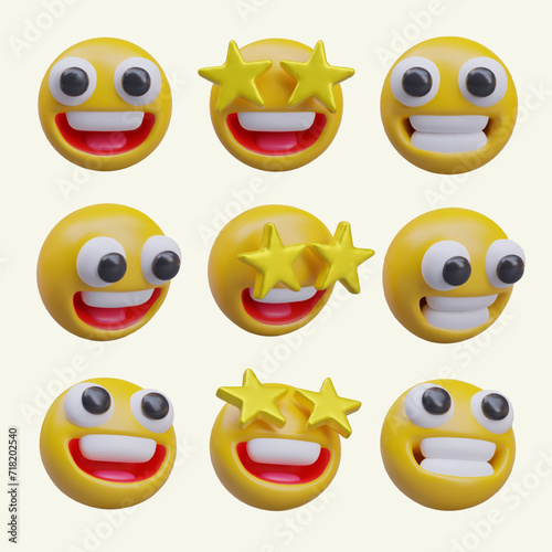 Set of 3D emoticons in different positions. Funny characters. Yellow heads with positive emotions. Delight, happiness, joy. Faces with open mouth, stars instead of eyes