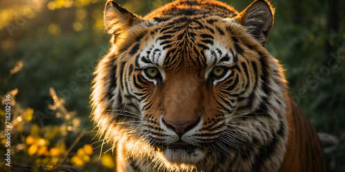 Emerald fire in the Siberian dusk  A tiger s piercing gaze ignites awe in this capture. Golden sunlight paints its regal form  commanding respect and admiration.