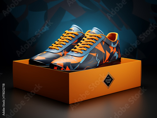 colorful modern sneakers on orange box on a dark background