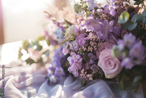  a bouquet of purple flowers sitting on top of a purple table cloth covered table with purple and white flowers on top of the table, and a light shining in the background.