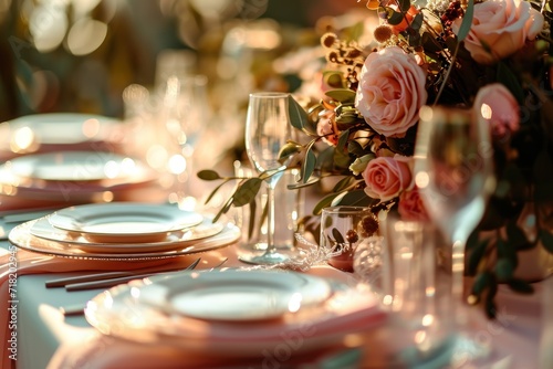  a close up of a table with a bunch of plates and a vase with flowers on it and a vase of flowers in the middle of the table with pink flowers. © Shanti