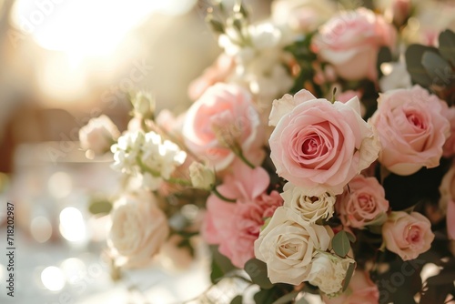  a vase filled with lots of pink and white flowers next to a white table cloth on top of a white table cloth covered with white and pink and white flowers.