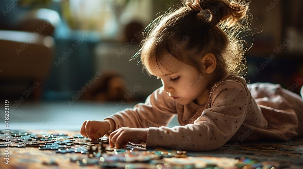 Kids and playtime, side view of concentrated little girl playing with puzzles. Created with Generative Ai technology. Kids and playtime, side view of concentrated little girl playing with puzzles. Created with Generative Ai technology.