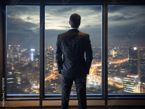 Portrait businessman looking at the glass and looking at the city night sky on back view
