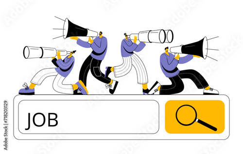 Characters are looking for job. Young professionals with binoculars and magnifying glasses. Vector illustration
