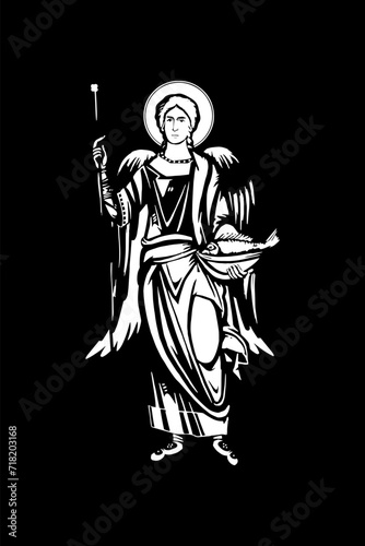 Traditional orthodox image of Raphael archangel. Christian antique illustration black and white in Byzantine style