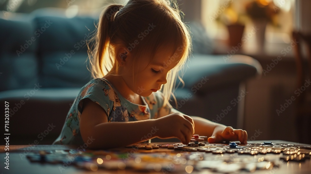 Kids and playtime, side view of concentrated little girl playing with puzzles. Created with Generative Ai technology.