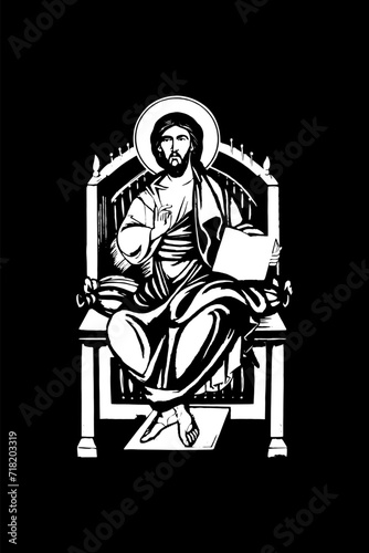Traditional orthodox image of Jesus sitting on the throne. Christian antique illustration black and white in Byzantine style