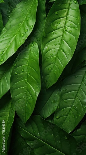 a close up of a green leaf with water droplets on it's leaves and leaves are in the foreground and the background is green leaves with water droplets on them.