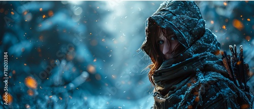 Silent Snowfall Warrior, Beautiful Female Archer in the Snow, generative ai
