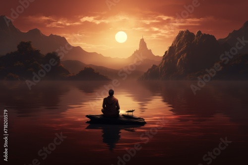  a person sitting on a small boat in the middle of a body of water with mountains in the background and a sun setting in the sky above the water with a person sitting on a boat.