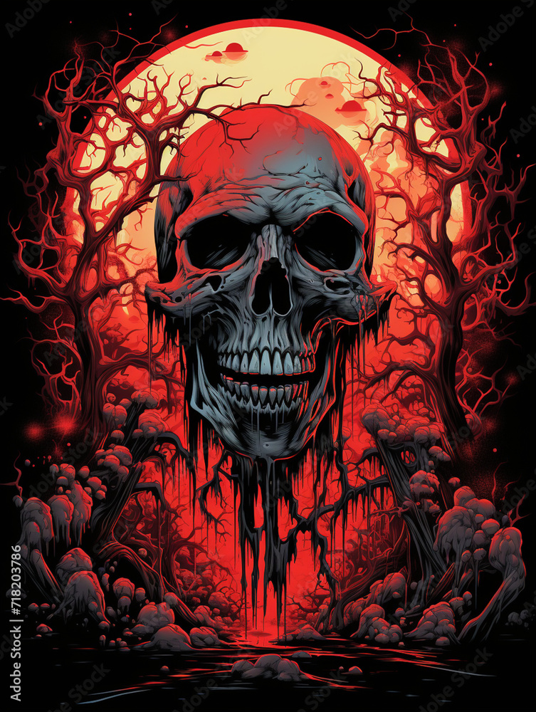 T-shirt design, illustration, Pristine conception artwork, terror-genre, tainted, misty shades, intricate сreated with Generative Ai