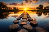  the sun is setting over a body of water with rocks in the foreground and a line of stepping stones in the middle of the water in the foreground.