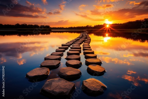  a long line of stepping stones sitting in the middle of a body of water with the sun setting in the distance in the middle of the sky above the water.