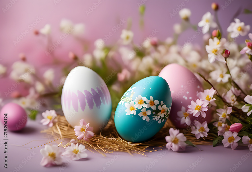Colorful Easter eggs decorated with flowers on a pastel background with spring blossoms. Easter concept.