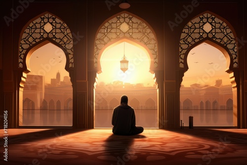 Muslim man praying in front of the mosque at sunset. Ramadan Kareem background. Islamic religious faith.