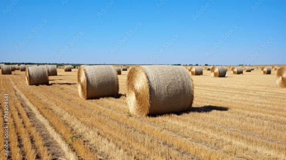  a field full of hay bales sitting on top of a dry grass field with a blue sky in the middle of the day in the background is a row of straw bales in the foreground.