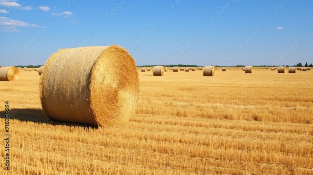  a field of hay with bales of hay in the foreground and a blue sky with wispy clouds in the backgroup of the horizon.