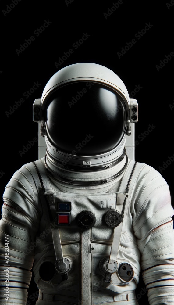 Astronaut in white suit with black helmet on a black background.