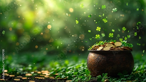 Enchanted Pot of Gold among Clovers in Mystical Forest - St. Patrick's day concept
