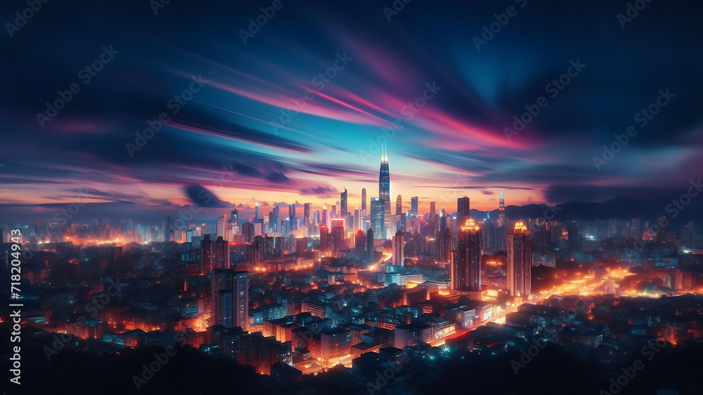City Skyline at Dusk with Colorful Lights