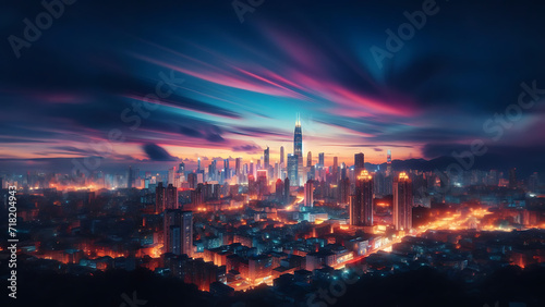 City Skyline at Dusk with Colorful Lights