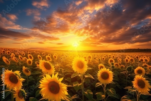  a large field of sunflowers with the sun setting in the distance in the distance, with clouds in the sky, and the sun setting in the foreground.
