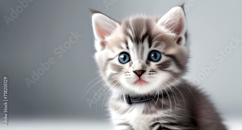 Close up portrait of a cute Kitten. Web banner with copy space. Serious Cat. Kitten posing for the camera. Cat on a light white background. Without people. Animal background