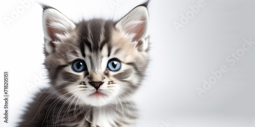 Close up portrait of a cute Kitten. Web banner with copy space. Serious Cat. Kitten posing for the camera. Cat on a light white background. Without people. Animal background © LILIIA