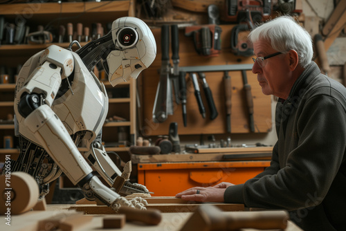 Home Robot aiding in carpentry with senior