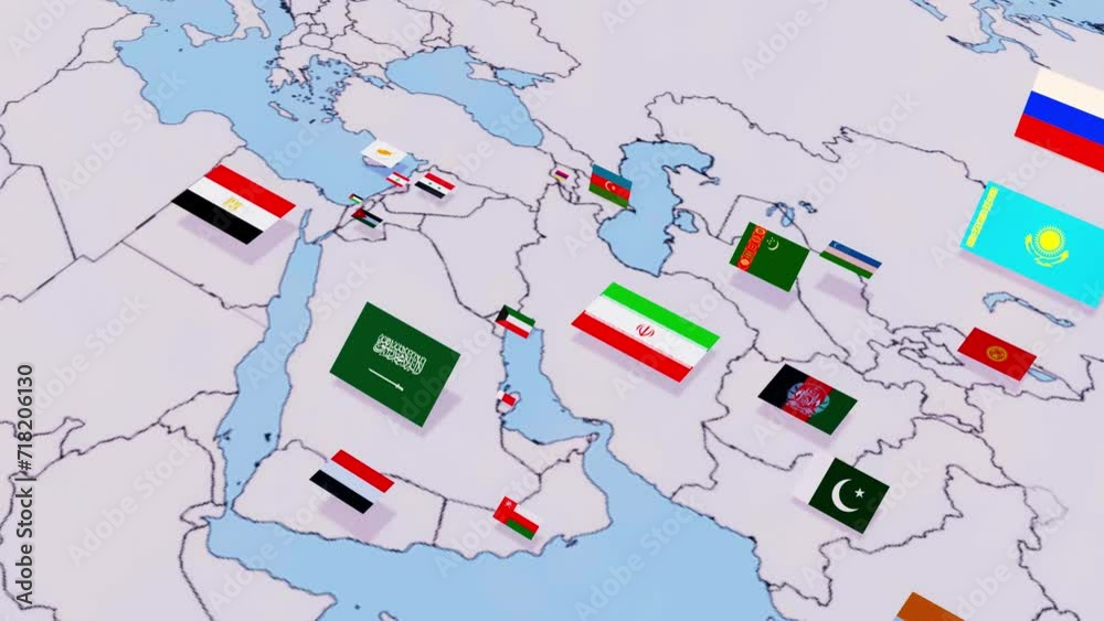 Middle East nations on world map 3d animation with flags. Egypt, UAE, Iran, Iraq, Israel, Palestine, Qatar, Saudi Arabia, Syria, Turkey