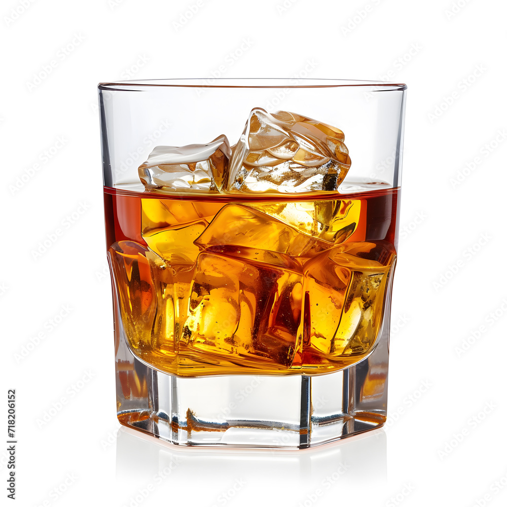 Glass of whiskey with ice isolated on white background 