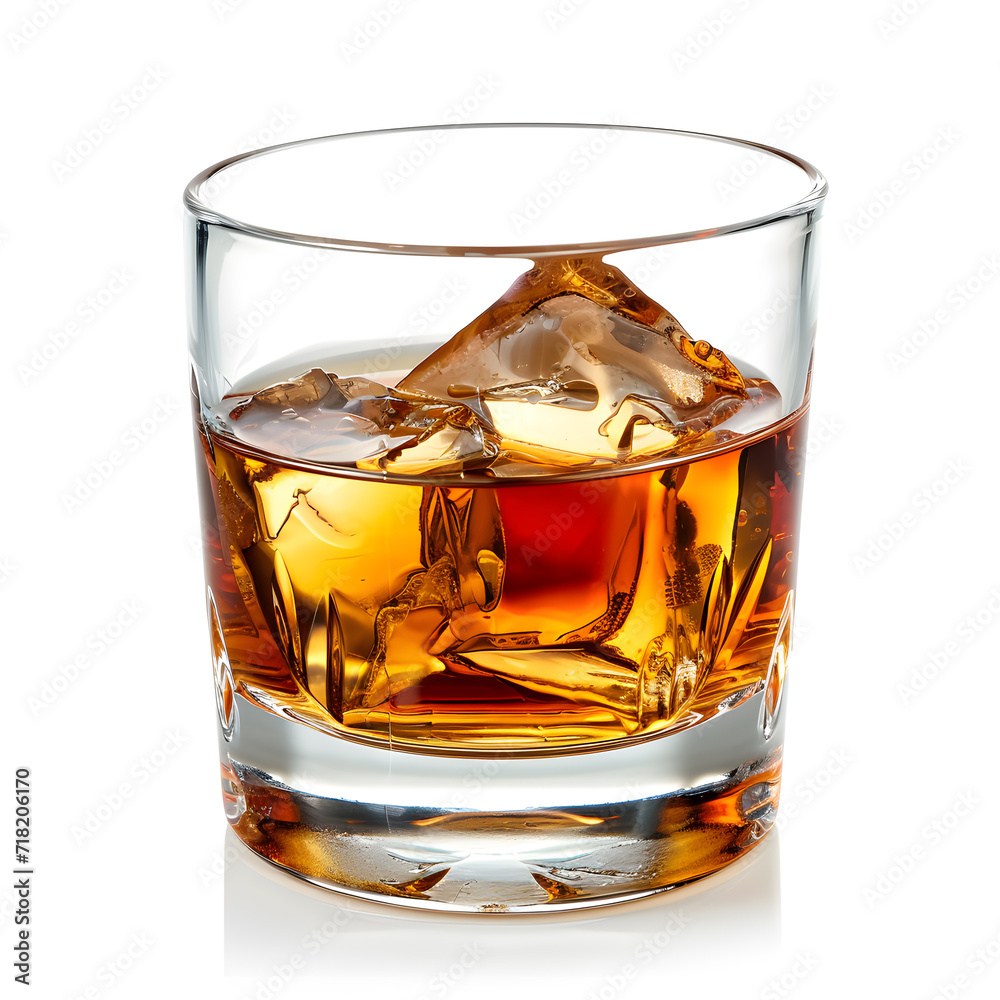 Glass of whiskey with ice isolated on white background 