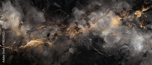 Dark, grey and black colors abstract marble surface with splashes of gold photo
