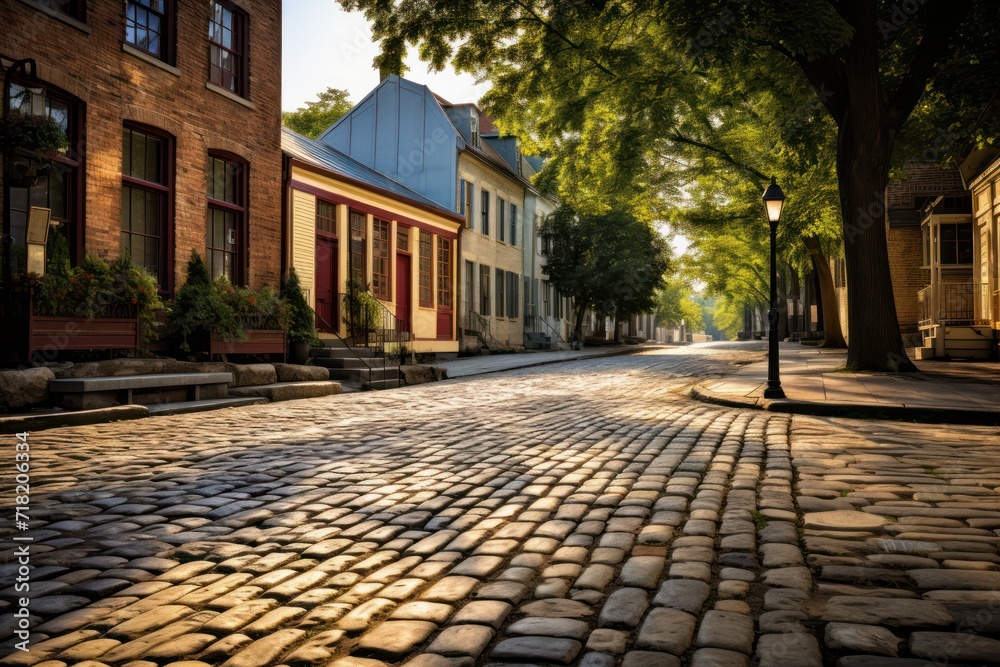  a cobblestone street in a small town with trees on both sides of the street and a row of brick buildings on the other side of the street with red shutters.