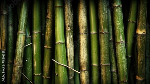 a close up of a bamboo plant with lots of green stalks in the foreground and the top part of the plant in the foreground with a dark background.