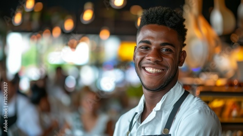 Handsome Black African American Barista with Short Hair and Beard Wearing Apron is Smiling in Coffee Shop Restaurant
