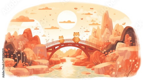  a painting of two cats sitting on a bridge over a river with a full moon in the sky over the river is a bridge with a river running through it.