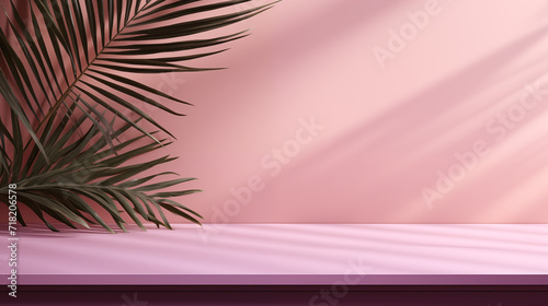 Feuille de palmier sur fond rose, mauve. Jeu d'ombre et de lumière. Nature, coloré, ambiance calme, printanière, estivale. Pour conception et création graphique.