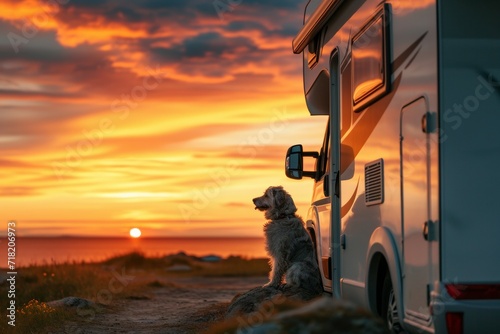 Dog looking out of motorhome or caravan window on vacation photo