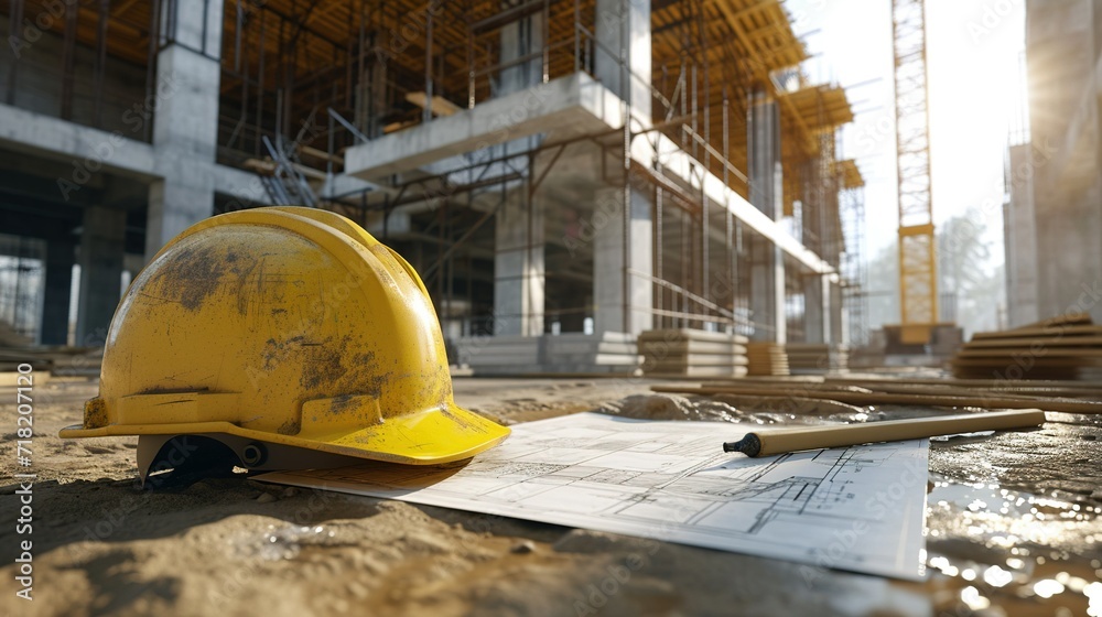 House under construction. Construction blueprints and yellow helmet on construction site background. Created with Generative Ai technology.