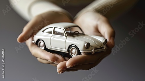 Small beige car in female hands